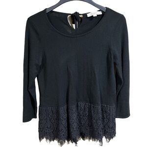 Ann Taylor LOFT 3/4 Sleeve Black Lace Hem Tie Neck Sweater Small Dark Academia